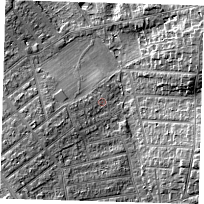 Shaded relief map of the ground around BR29SQ, computed from Environment Agency LiDAR. The ground here sits at about 57 m above sea level and falls 14 m across the surrounding 800 m. Surface water reaching this point runs off ground lying to the west-south-west, 2.8 m higher.