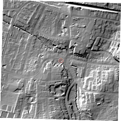 Shaded relief map of the ground around BR31AN, computed from Environment Agency LiDAR. The ground here sits at about 35 m above sea level and falls 19 m across the surrounding 800 m. Surface water reaching this point runs off ground lying to the east, 14.5 m higher.