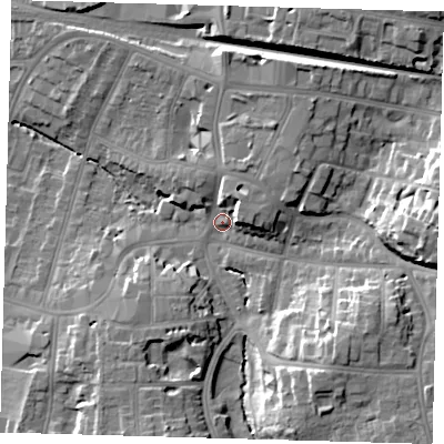 Shaded relief map of the ground around BR31AW, computed from Environment Agency LiDAR. The ground here sits at about 36 m above sea level and falls 20 m across the surrounding 800 m. Surface water reaching this point runs off ground lying to the east, 16.9 m higher.