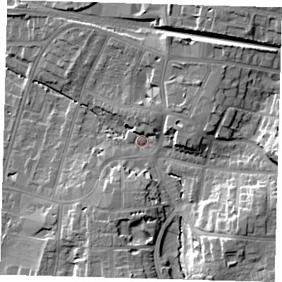 Shaded relief map of the ground around BR31DE, computed from Environment Agency LiDAR. The ground here sits at about 35 m above sea level and falls 19 m across the surrounding 800 m. Surface water reaching this point runs off ground lying to the east, 14.5 m higher.