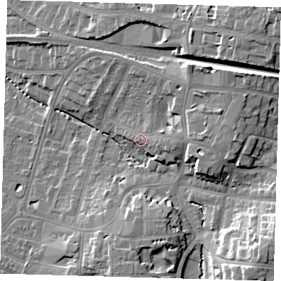 Shaded relief map of the ground around BR31DT, computed from Environment Agency LiDAR. The ground here sits at about 36 m above sea level and falls 19 m across the surrounding 800 m. Surface water reaching this point runs off ground lying to the east, 4.5 m higher.