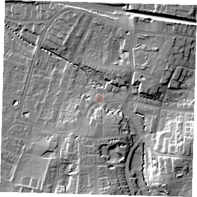 Shaded relief map of the ground around BR31EA, computed from Environment Agency LiDAR. The ground here sits at about 35 m above sea level and falls 19 m across the surrounding 800 m. Surface water reaching this point runs off ground lying to the south, 6.0 m higher.