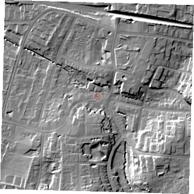 Shaded relief map of the ground around BR31EB, computed from Environment Agency LiDAR. The ground here sits at about 34 m above sea level and falls 19 m across the surrounding 800 m. Surface water reaching this point runs off ground lying to the south-east, 14.4 m higher.