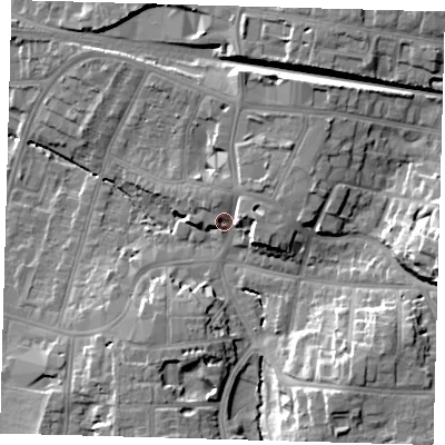 Shaded relief map of the ground around BR31ED, computed from Environment Agency LiDAR. The ground here sits at about 36 m above sea level and falls 20 m across the surrounding 800 m. Surface water reaching this point runs off ground lying to the east-north-east, 6.9 m higher.