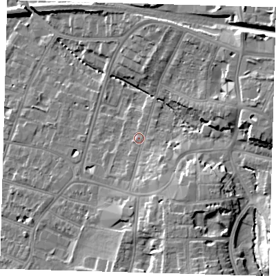 Shaded relief map of the ground around BR31EE, computed from Environment Agency LiDAR. The ground here sits at about 34 m above sea level and falls 17 m across the surrounding 800 m. Surface water reaching this point runs off ground lying to the south-south-east, 5.3 m higher.