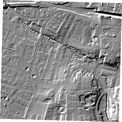 Shaded relief map of the ground around BR31EQ, computed from Environment Agency LiDAR. The ground here sits at about 34 m above sea level and falls 18 m across the surrounding 800 m. Surface water reaching this point runs off ground lying to the south-south-east, 5.4 m higher.