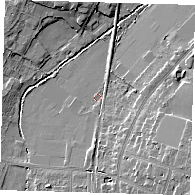 Shaded relief map of the ground around BR31FB, computed from Environment Agency LiDAR. The ground here sits at about 25 m above sea level and falls 14 m across the surrounding 800 m. Surface water reaching this point runs off ground lying to the south, 2.0 m higher.