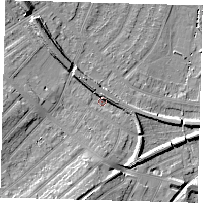 Shaded relief map of the ground around BR31FE, computed from Environment Agency LiDAR. The ground here sits at about 29 m above sea level and falls 16 m across the surrounding 800 m. Surface water reaching this point runs off ground lying to the north, 4.7 m higher.