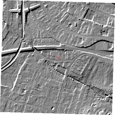 Shaded relief map of the ground around BR31HA, computed from Environment Agency LiDAR. The ground here sits at about 33 m above sea level and falls 16 m across the surrounding 800 m. Surface water reaching this point runs off ground lying to the east, 5.6 m higher.