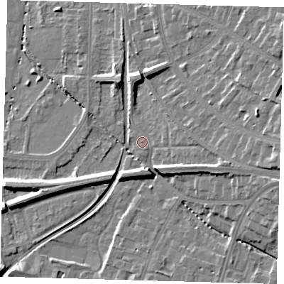Shaded relief map of the ground around BR31HD, computed from Environment Agency LiDAR. The ground here sits at about 30 m above sea level and falls 14 m across the surrounding 800 m. Surface water reaching this point runs off ground lying to the east-north-east, 2.2 m higher.