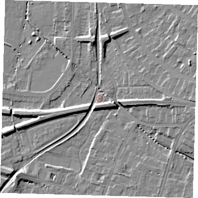 Shaded relief map of the ground around BR31HG, computed from Environment Agency LiDAR. The ground here sits at about 29 m above sea level and falls 14 m across the surrounding 800 m. Surface water reaching this point runs off ground lying to the east, 10.5 m higher.