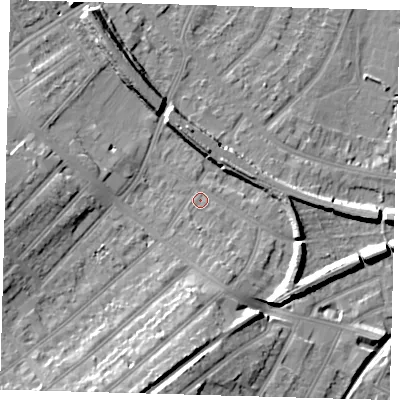 Shaded relief map of the ground around BR31JF, computed from Environment Agency LiDAR. The ground here sits at about 30 m above sea level and falls 16 m across the surrounding 800 m. Surface water reaching this point runs off ground lying to the south-south-east, 3.8 m higher.