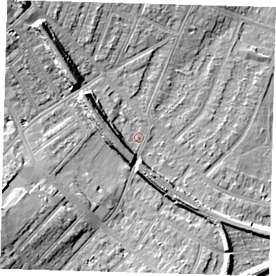 Shaded relief map of the ground around BR31JG, computed from Environment Agency LiDAR. The ground here sits at about 29 m above sea level and falls 15 m across the surrounding 800 m. Surface water reaching this point runs off ground lying to the west-north-west, 7.7 m higher.