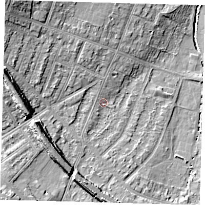 Shaded relief map of the ground around BR31JQ, computed from Environment Agency LiDAR. The ground here sits at about 28 m above sea level and falls 16 m across the surrounding 800 m. Surface water reaching this point runs off ground lying to the north-west, 10.2 m higher.