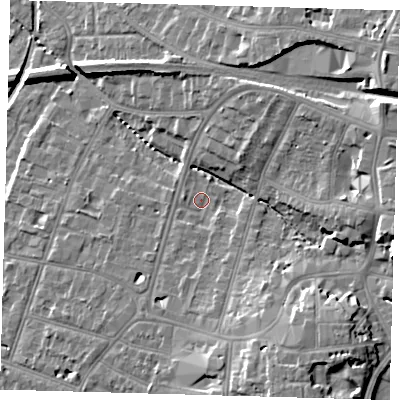 Shaded relief map of the ground around BR31JW, computed from Environment Agency LiDAR. The ground here sits at about 32 m above sea level and falls 17 m across the surrounding 800 m. Surface water reaching this point runs off ground lying to the east-north-east, 12.5 m higher.