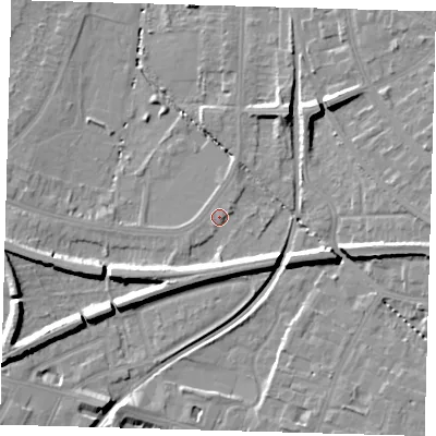 Shaded relief map of the ground around BR31LN, computed from Environment Agency LiDAR. The ground here sits at about 29 m above sea level and falls 12 m across the surrounding 800 m. Surface water reaching this point runs off ground lying to the south-east, 6.4 m higher.