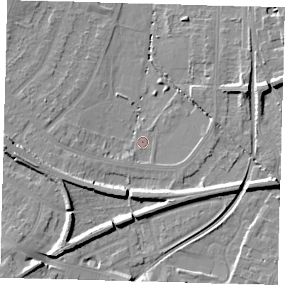 Shaded relief map of the ground around BR31LP, computed from Environment Agency LiDAR. The ground here sits at about 27 m above sea level and falls 13 m across the surrounding 800 m. Surface water reaching this point runs off ground lying to the east, 1.9 m higher.