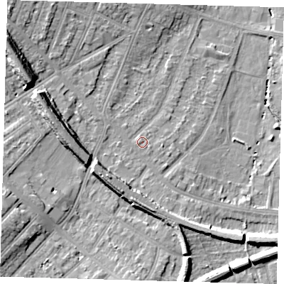 Shaded relief map of the ground around BR31LT, computed from Environment Agency LiDAR. The ground here sits at about 29 m above sea level and falls 15 m across the surrounding 800 m. Surface water reaching this point runs off ground lying to the west-north-west, 0.9 m higher.
