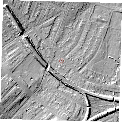 Shaded relief map of the ground around BR31LU, computed from Environment Agency LiDAR. The ground here sits at about 28 m above sea level and falls 14 m across the surrounding 800 m. Surface water reaching this point runs off ground lying to the west-south-west, 8.9 m higher.