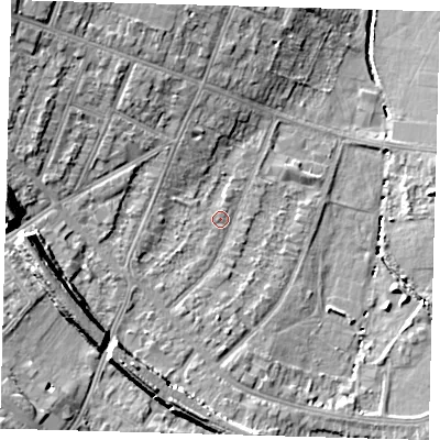 Shaded relief map of the ground around BR31LY, computed from Environment Agency LiDAR. The ground here sits at about 27 m above sea level and falls 14 m across the surrounding 800 m. Surface water reaching this point runs off ground lying to the west-south-west, 2.0 m higher.