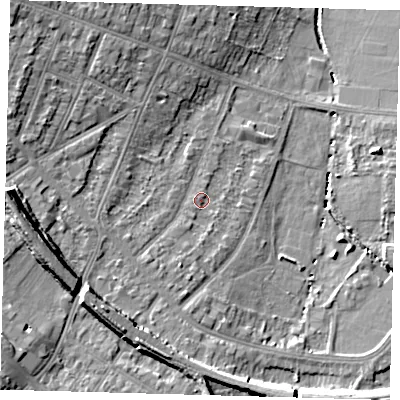 Shaded relief map of the ground around BR31LZ, computed from Environment Agency LiDAR. The ground here sits at about 27 m above sea level and falls 13 m across the surrounding 800 m. Surface water reaching this point runs off ground lying to the south-south-west, 2.3 m higher.