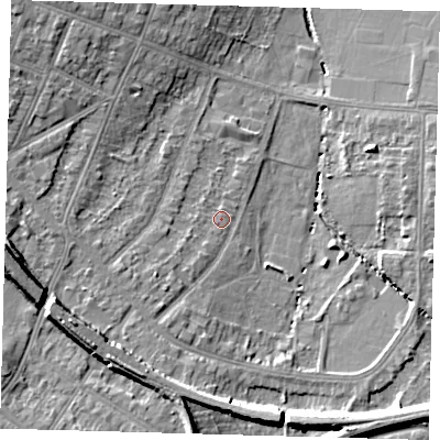 Shaded relief map of the ground around BR31NA, computed from Environment Agency LiDAR. The ground here sits at about 27 m above sea level and falls 12 m across the surrounding 800 m. Surface water reaching this point runs off ground lying to the south-west, 2.2 m higher.