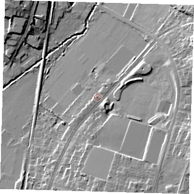 Shaded relief map of the ground around BR31NZ, computed from Environment Agency LiDAR. The ground here sits at about 28 m above sea level and falls 17 m across the surrounding 800 m. Surface water reaching this point runs off ground lying to the south-east, 12.0 m higher.