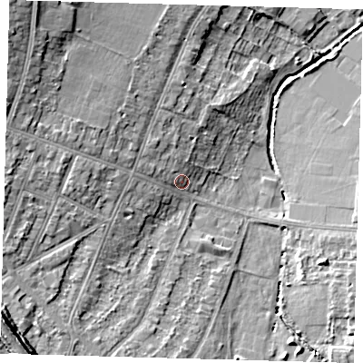 Shaded relief map of the ground around BR31QP, computed from Environment Agency LiDAR. The ground here sits at about 28 m above sea level and falls 14 m across the surrounding 800 m. Surface water reaching this point runs off ground lying to the north-west, 3.2 m higher.
