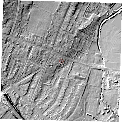 Shaded relief map of the ground around BR31QR, computed from Environment Agency LiDAR. The ground here sits at about 28 m above sea level and falls 15 m across the surrounding 800 m. Surface water reaching this point runs off ground lying to the west-north-west, 1.5 m higher.