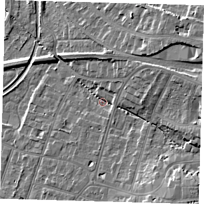 Shaded relief map of the ground around BR31TJ, computed from Environment Agency LiDAR. The ground here sits at about 30 m above sea level and falls 16 m across the surrounding 800 m. Surface water reaching this point runs off ground lying to the south-east, 11.6 m higher.