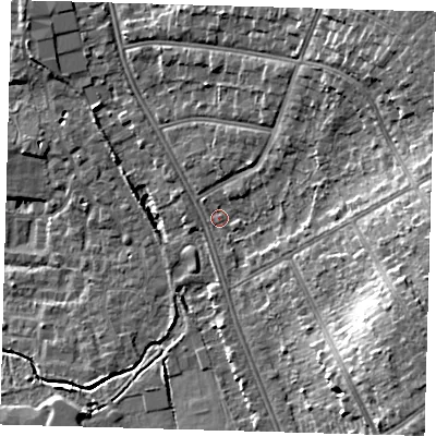 Shaded relief map of the ground around BR33AH, computed from Environment Agency LiDAR. The ground here sits at about 51 m above sea level and falls 15 m across the surrounding 800 m. Surface water reaching this point runs off ground lying to the north-east, 11.6 m higher.