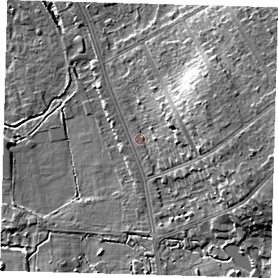 Shaded relief map of the ground around BR33AP, computed from Environment Agency LiDAR. The ground here sits at about 51 m above sea level and falls 17 m across the surrounding 800 m. Surface water reaching this point runs off ground lying to the east, 12.7 m higher.