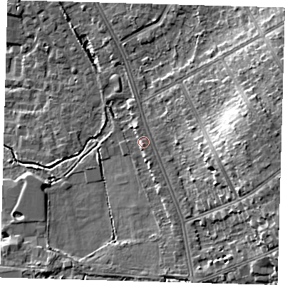 Shaded relief map of the ground around BR33AR, computed from Environment Agency LiDAR. The ground here sits at about 51 m above sea level and falls 16 m across the surrounding 800 m. Surface water reaching this point runs off ground lying to the south-south-east, 3.0 m higher.