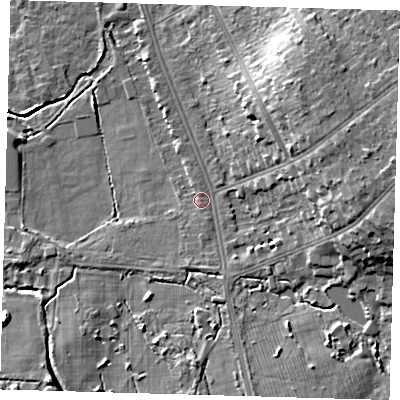 Shaded relief map of the ground around BR33AS, computed from Environment Agency LiDAR. The ground here sits at about 52 m above sea level and falls 15 m across the surrounding 800 m. Surface water reaching this point runs off ground lying to the south-south-east, 2.2 m higher.