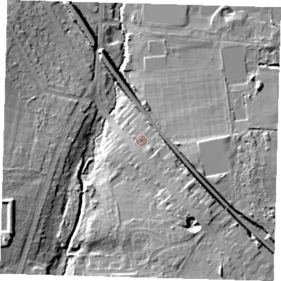 Shaded relief map of the ground around BR33BG, computed from Environment Agency LiDAR. The ground here sits at about 60 m above sea level and falls 19 m across the surrounding 800 m. Surface water reaching this point runs off ground lying to the south-east, 6.0 m higher.