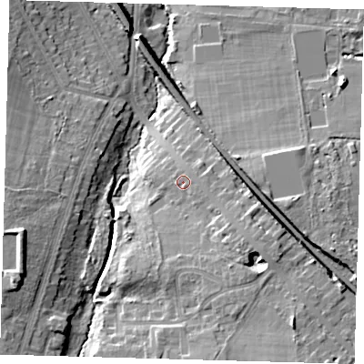Shaded relief map of the ground around BR33BQ, computed from Environment Agency LiDAR. The ground here sits at about 61 m above sea level and falls 19 m across the surrounding 800 m. Surface water reaching this point runs off ground lying to the south-east, 1.4 m higher.