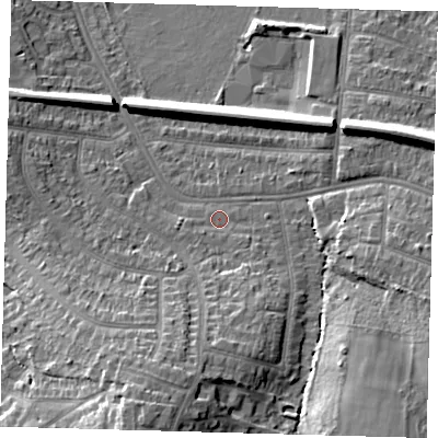 Shaded relief map of the ground around BR33DY, computed from Environment Agency LiDAR. The ground here sits at about 42 m above sea level and falls 17 m across the surrounding 800 m. Surface water reaching this point runs off ground lying to the south, 7.6 m higher.