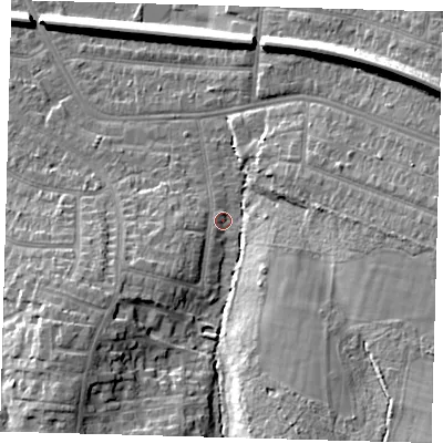 Shaded relief map of the ground around BR33ED, computed from Environment Agency LiDAR. The ground here sits at about 44 m above sea level and falls 18 m across the surrounding 800 m. Surface water reaching this point runs off ground lying to the south-south-east, 11.9 m higher.