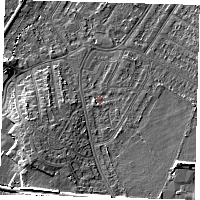 Shaded relief map of the ground around BR33FF, computed from Environment Agency LiDAR. The ground here sits at about 35 m above sea level and falls 14 m across the surrounding 800 m. Surface water reaching this point runs off ground lying to the south-east, 5.8 m higher.