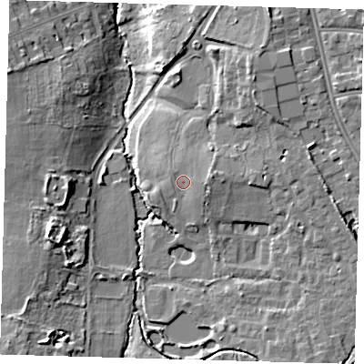 Shaded relief map of the ground around BR33FH, computed from Environment Agency LiDAR. The ground here sits at about 49 m above sea level and falls 14 m across the surrounding 800 m. Surface water reaching this point runs off ground lying to the east, 1.4 m higher.