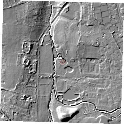 Shaded relief map of the ground around BR33FT, computed from Environment Agency LiDAR. The ground here sits at about 46 m above sea level and falls 16 m across the surrounding 800 m. Surface water reaching this point runs off ground lying to the north, 4.2 m higher.