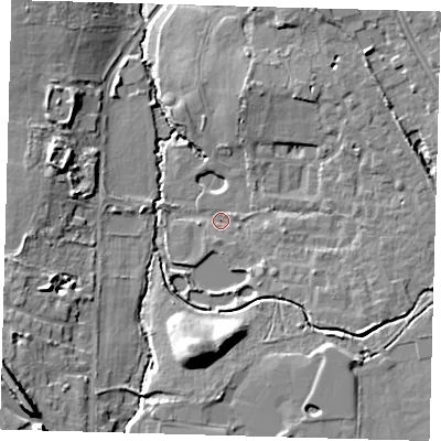Shaded relief map of the ground around BR33FY, computed from Environment Agency LiDAR. The ground here sits at about 47 m above sea level and falls 17 m across the surrounding 800 m. Surface water reaching this point runs off ground lying to the north-east, 5.0 m higher.