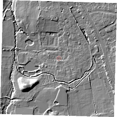 Shaded relief map of the ground around BR33FZ, computed from Environment Agency LiDAR. The ground here sits at about 48 m above sea level and falls 14 m across the surrounding 800 m. Surface water reaching this point runs off ground lying to the south-south-east, 2.9 m higher.