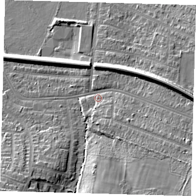 Shaded relief map of the ground around BR33HE, computed from Environment Agency LiDAR. The ground here sits at about 44 m above sea level and falls 18 m across the surrounding 800 m. Surface water reaching this point runs off ground lying to the south-east, 10.0 m higher.