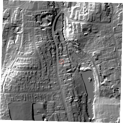 Shaded relief map of the ground around BR33LH, computed from Environment Agency LiDAR. The ground here sits at about 40 m above sea level and falls 22 m across the surrounding 800 m. Surface water reaching this point runs off ground lying to the south-south-east, 4.8 m higher.