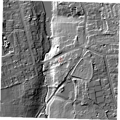 Shaded relief map of the ground around BR33LT, computed from Environment Agency LiDAR. The ground here sits at about 47 m above sea level and falls 16 m across the surrounding 800 m. Surface water reaching this point runs off ground lying to the east-north-east, 5.4 m higher.