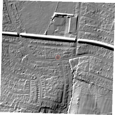 Shaded relief map of the ground around BR33QP, computed from Environment Agency LiDAR. The ground here sits at about 42 m above sea level and falls 17 m across the surrounding 800 m. Surface water reaching this point runs off ground lying to the south-east, 11.1 m higher.