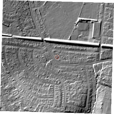 Shaded relief map of the ground around BR33QR, computed from Environment Agency LiDAR. The ground here sits at about 41 m above sea level and falls 17 m across the surrounding 800 m. Surface water reaching this point runs off ground lying to the east, 4.6 m higher.