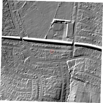 Shaded relief map of the ground around BR33QS, computed from Environment Agency LiDAR. The ground here sits at about 41 m above sea level and falls 16 m across the surrounding 800 m. Surface water reaching this point runs off ground lying to the east-north-east, 9.4 m higher.
