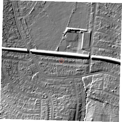 Shaded relief map of the ground around BR33QT, computed from Environment Agency LiDAR. The ground here sits at about 41 m above sea level and falls 16 m across the surrounding 800 m. Surface water reaching this point runs off ground lying to the east, 9.5 m higher.